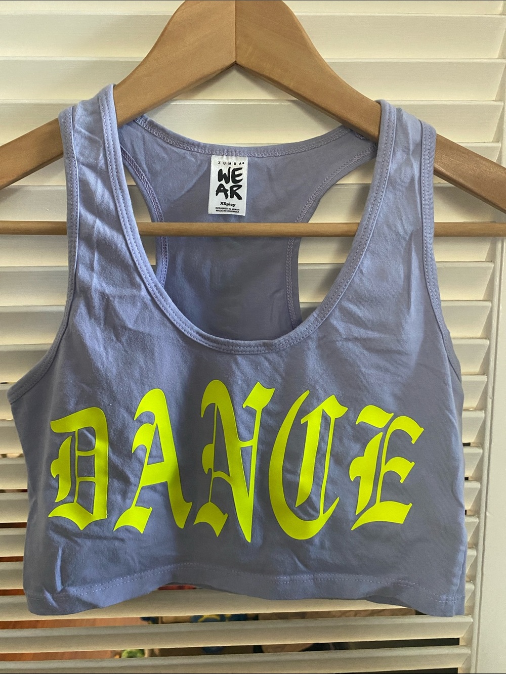 Zumba Wear Lavender Racerback Crop Top with Neon Yellow Graphic